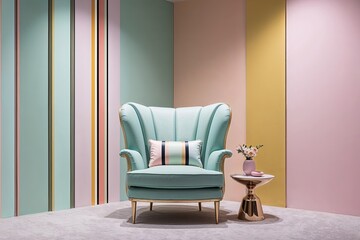 Unique Abstract Portrayal of a Chic Armchair Setup in a Distinctive Three-Dimensional Space with Soft Pastel Vibrant Stripes