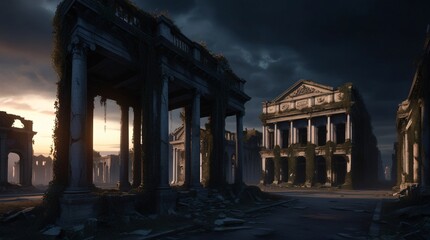 Obraz premium An eerie, abandoned cityscape at dusk, with crumbling ruins of once-majestic buildings, overgrown with vines and moss