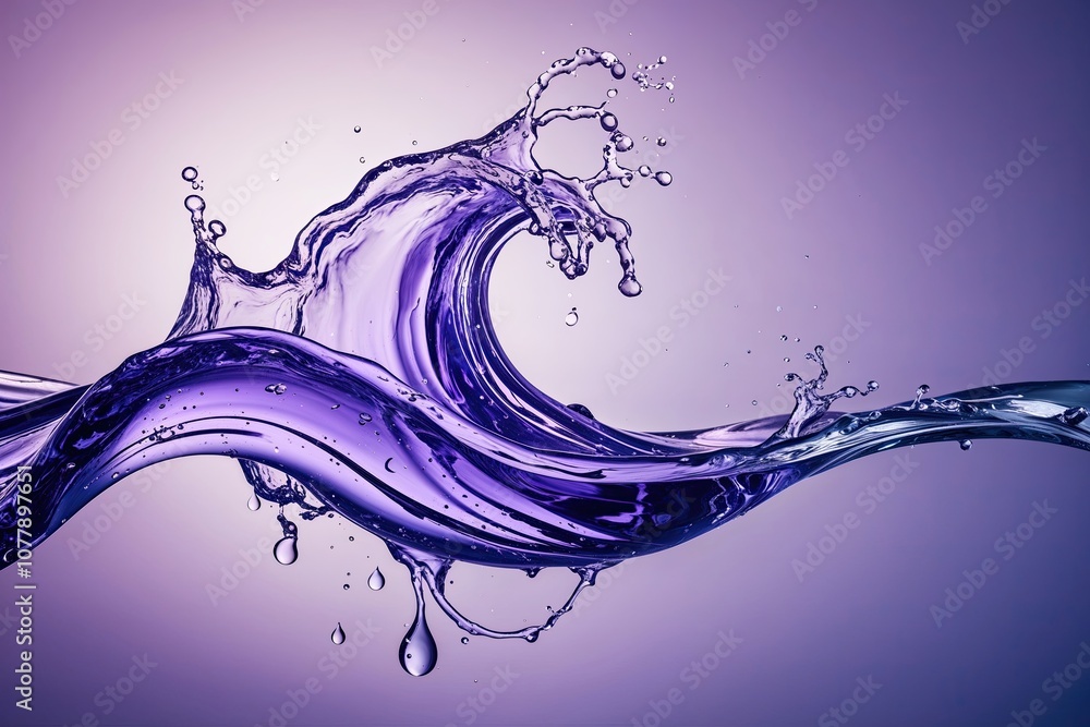 Poster dreamy lavender liquid wave splash with curls and drops in a translucent background