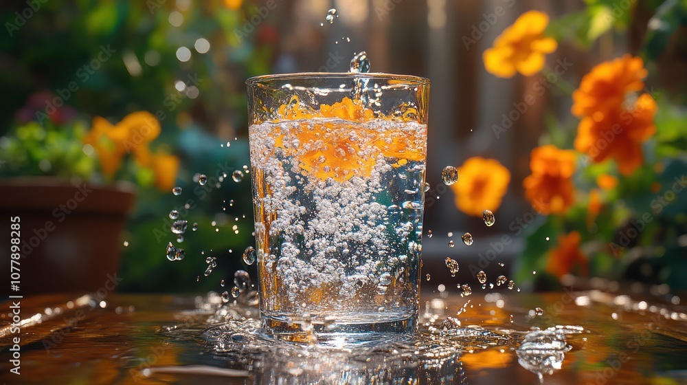 Poster a glass of water with a flower falling into it, creating splashes and bubbles. the background is a b