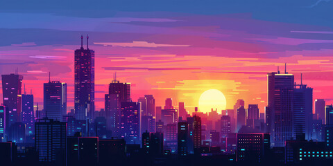 Obraz premium A time-lapse of a sunset over a city skyline, with the buildings slowly illuminated by the last rays of sunlight.