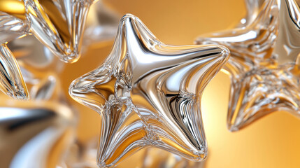 3D glass star decoration festive fashion golden silver background. glossy texture pattern for party Christmas new year celebration