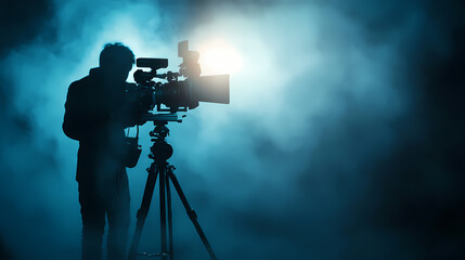 Cinematic spotlight silhouette blurred cinematographer in dark smoky studio with led lights and filmmaking equipment atmospheric photography. Cinematic. Illustration