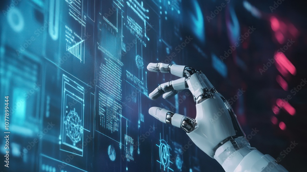 Poster robot hand interacting with digital interface