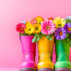 A colorful bouquet of flowers in a boots with pink daisies, yellow roses, and other blossoms, adding a fresh, vibrant touch of spring to any space