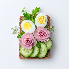 A creative ham and egg sandwich with cucumber and parsley garnishes,  arranged to look like a flower.