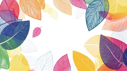 A colorful arrangement of transparent leaves creating a vibrant border against a white background.