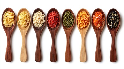 Fototapeta premium Variety of Pasta Shapes and Ingredients in Wooden Spoons
