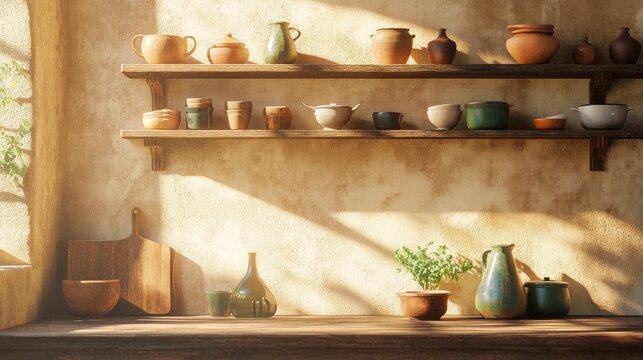 a traditional Navarrese kitchen setting with rustic wooden shelves and locally made earthenware, celebrating Day of Navarre, 