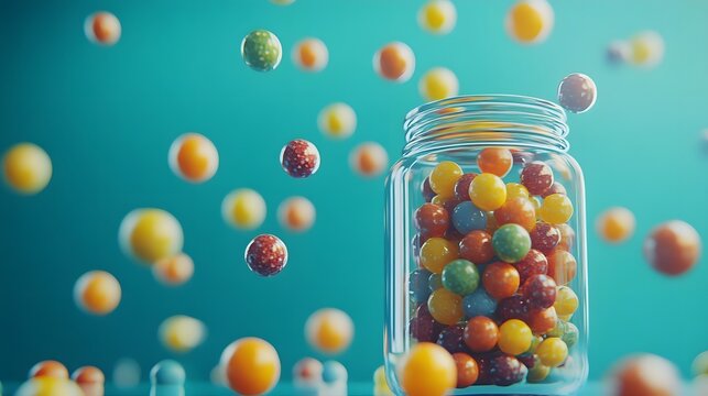 Colorful Gumballs in Glass Jar with Blue Background