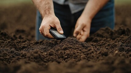 A farmer checking soil health with a handheld testing device in a regenerative farm