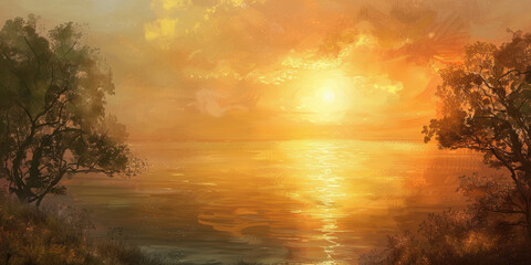 A tranquil scene with the sun setting on the horizon, casting golden light and creating a peaceful atmosphere.