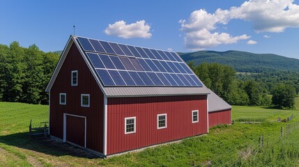 Obraz premium A farmer installing solar panels on a barn roof to supply clean energy for sustainable farm operations