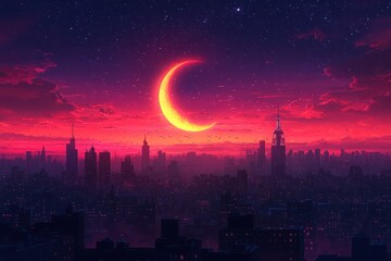 Experience the enchantment of a silhouetted cityscape beneath a stunning red and purple dusk sky