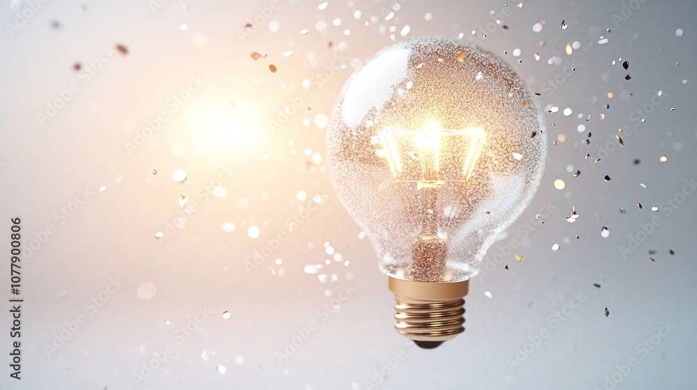 Poster the image of a light bulb floating in mid-air is breathtaking. surrounded by floating light particle