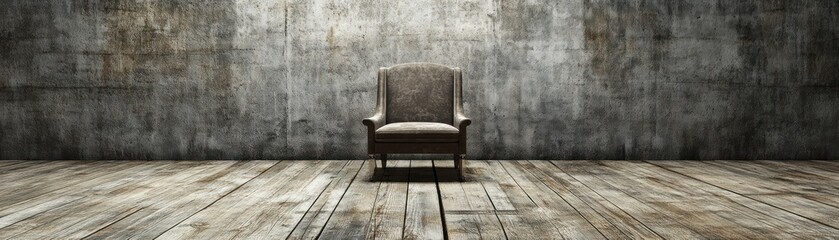 A solitary chair in a dimly lit, textured room with wooden flooring.