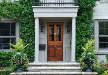 Vine covered house with portico entrance and elegant wood grain front door