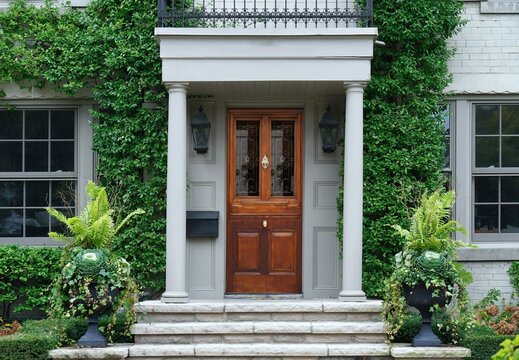 Vine covered house with portico entrance and elegant wood grain front door