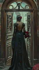Obraz premium Elegant Woman in Black Dress Posing in Vintage Interior