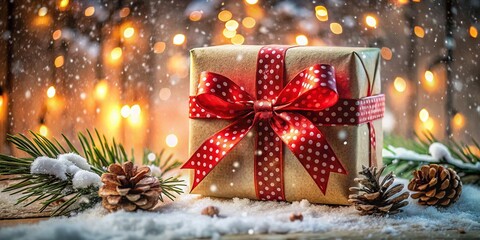 A Beautifully Wrapped Christmas Present with a Red Ribbon and Festive Pattern for Holiday Decorations and Gift Giving