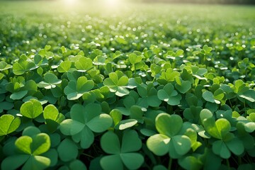 A lush green field covered with four leaf clovers morning dew sparkling on the leaves under soft sunlight, Ai Generated