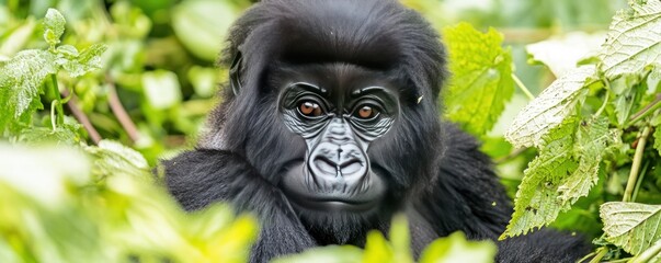 Fototapeta premium A close-up of a gorilla among green foliage, showcasing its expressive eyes and fur.