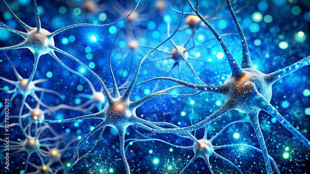 Poster abstract closeup of neuron cells in the nervous system with blue glitter effects, artistic backgroun