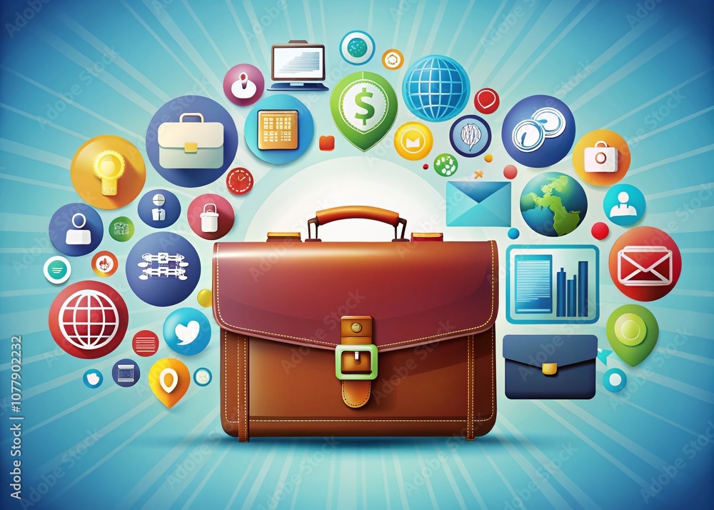 Poster abstract colorful illustration of a briefcase surrounded by business-related web icons with ample co