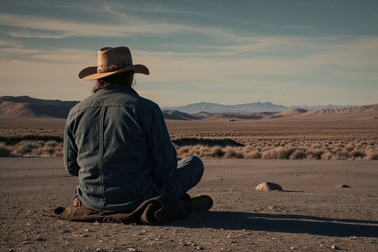 Back View of a Lonesome Drifter in Reflective Solitude in Open Terrain Landscape