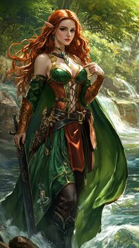 A red-haired elf woman in a green dress stands in a forest by a waterfall, holding a sword