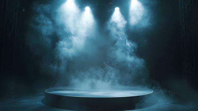 Empty theatre spotlights stage smoke dramatic cinematic fog background dark mockup scene podium illuminated spotlight dais effect theatrical. Cinematic. Illustration