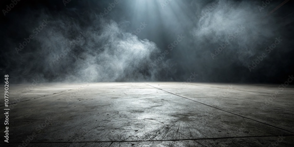 Poster abstract empty space of grunge concrete floor with soft spotlight and mist creating an ethereal atmo
