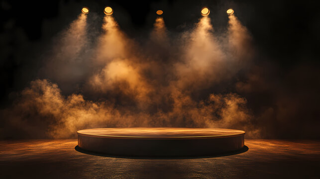 Empty theatre spotlights stage smoke dramatic cinematic fog background dark mockup scene podium illuminated spotlight dais effect theatrical. Cinematic. Illustration