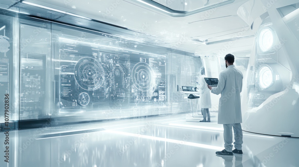 Poster lab scene where diverse scientists are engaged in deep discussions while examining quantum wave func