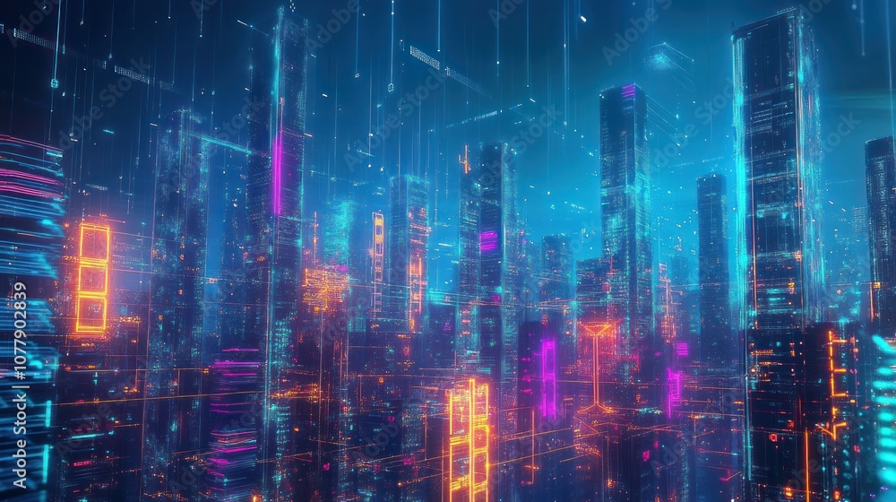 Poster communication network, with glowing lines of light representing data transmission connecting various