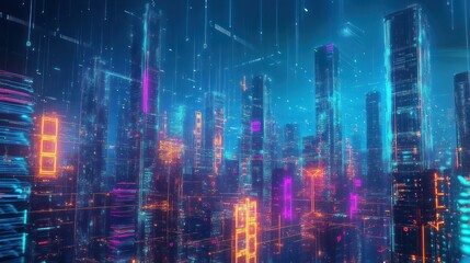 Fototapeta premium communication network, with glowing lines of light representing data transmission connecting various skyscrapers