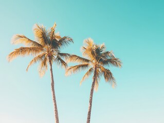 Blue sky and tall palm trees from a ground perspective with sunlight shining through creating a tropical and serene atmosphere.