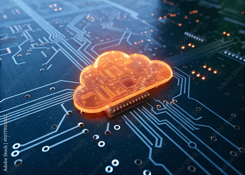 Poster abstract glowing orange cloud over blue circuit board pattern in panoramic view for futuristic digit