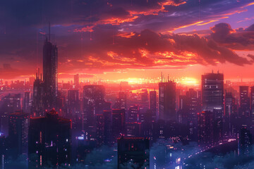 Obraz premium A vibrant sunrise over a modern city, with skyscrapers illuminated by the first light of the day.