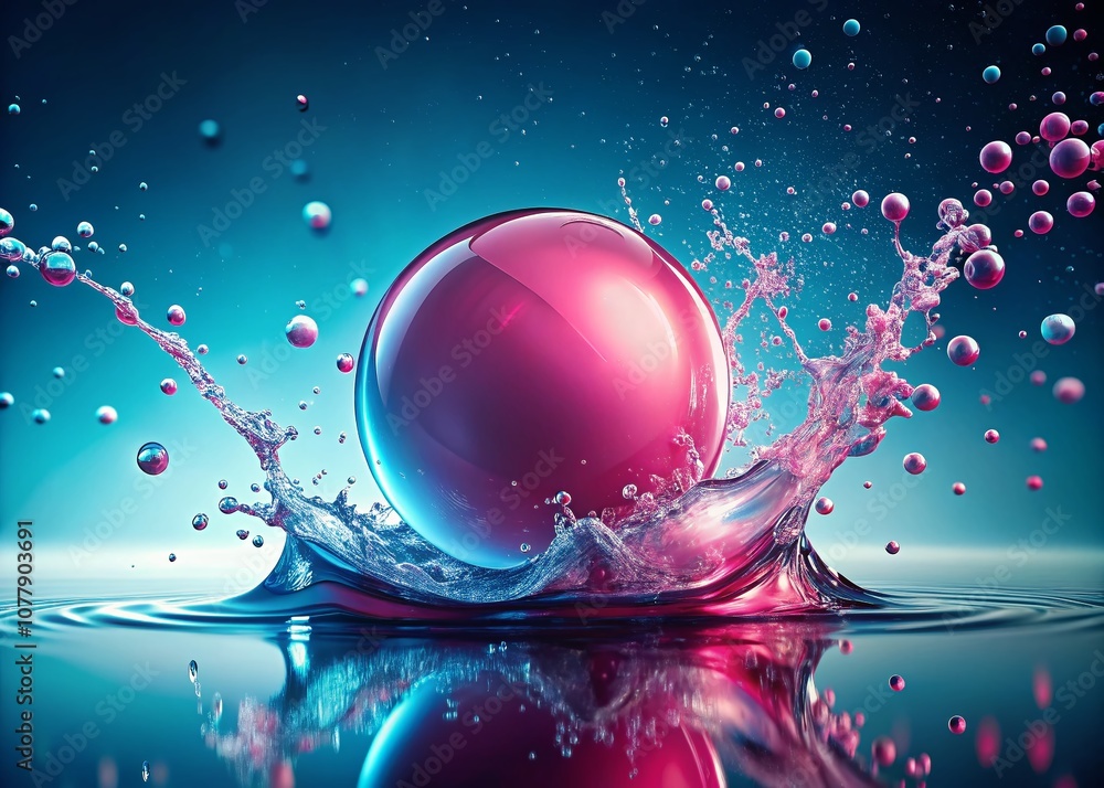 Poster abstract pink sphere with water droplets creating splash effect on a soft blue and pink background f