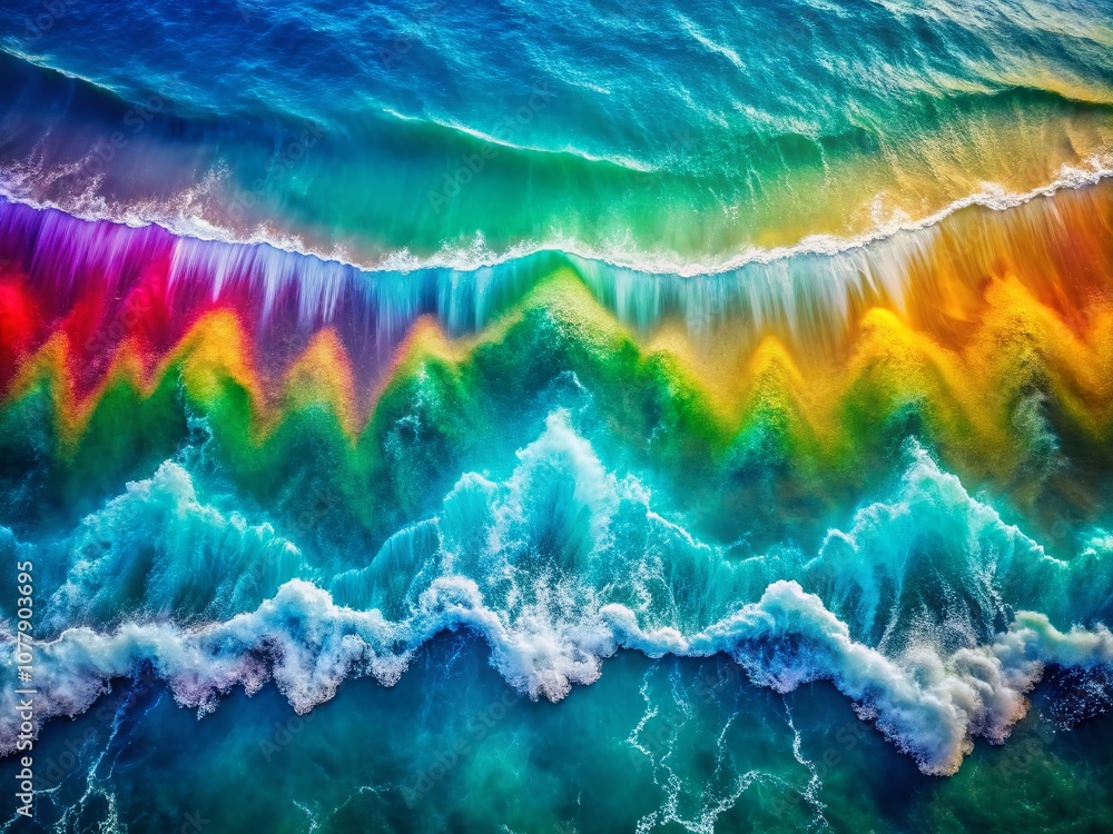 Poster abstract rainbow sound waves: vibrant patterns in motion captured from above, showcasing the harmony