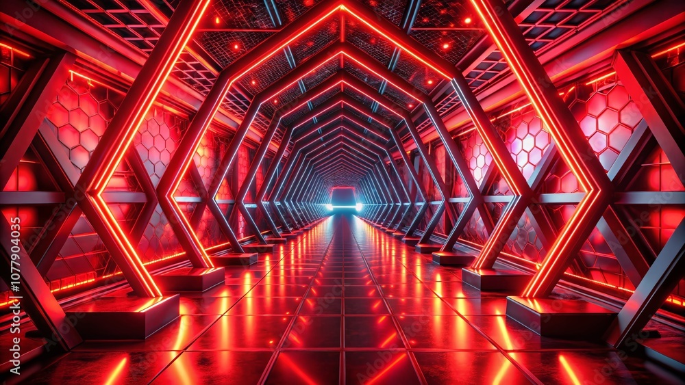 Poster abstract tunnel with red neon lights and intricate geometric patterns captured in tilt-shift photogr