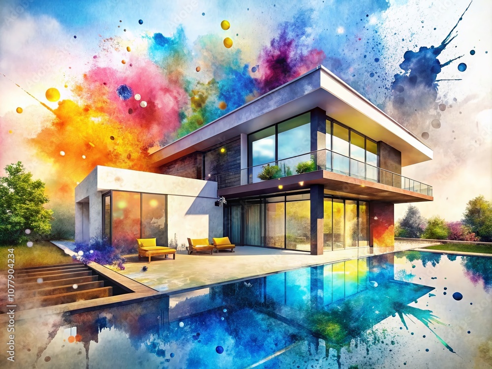 Aufkleber abstract watercolor splash in architectural context: a vibrant fusion of colorful illustrations capt