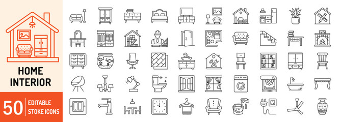 Home Interior collections editable stroke outline web icons set. Home, interior, bedroom, kitchen, architect, paint, furniture, flooring, lights and more... Vector illustration