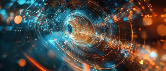 A vibrant abstract representation of a digital tunnel with glowing particles and light trails.