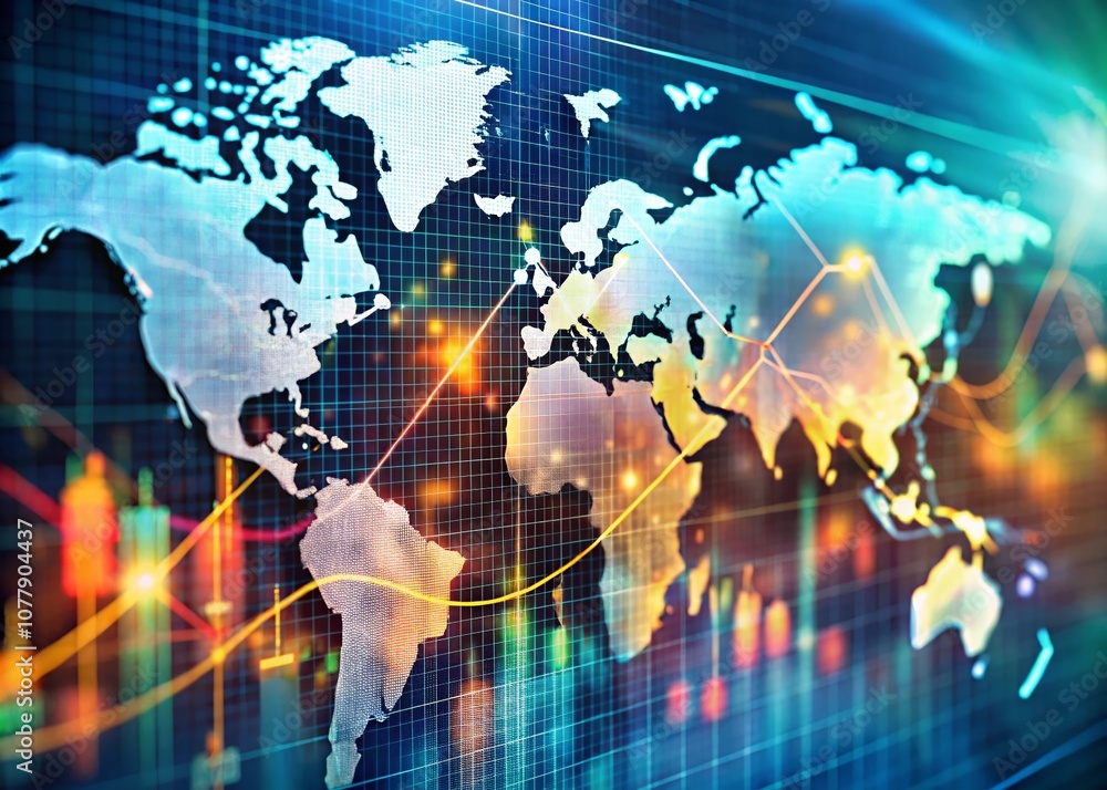 Poster abstract world map overlaying financial data representing global trade and finance in a tilt-shift p