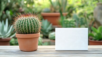 Cactus in Terracotta Pot with Blank Sign on Wooden Table