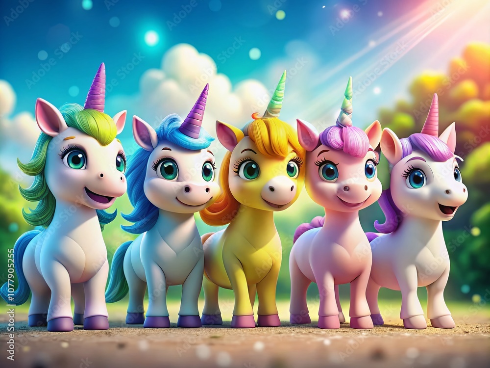 Poster a colorful array of cute cartoon unicorns smiling joyfully in a row under a clear sky with a blurred