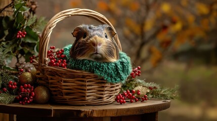 A guinea pig inside a cozy holiday basket with a green scarf, surrounded by small ornaments and red berries on a side table, copy space, Merry Christmas background, festive pet decor, charming holida
