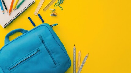 Backpack & School Supplies on Yellow Background